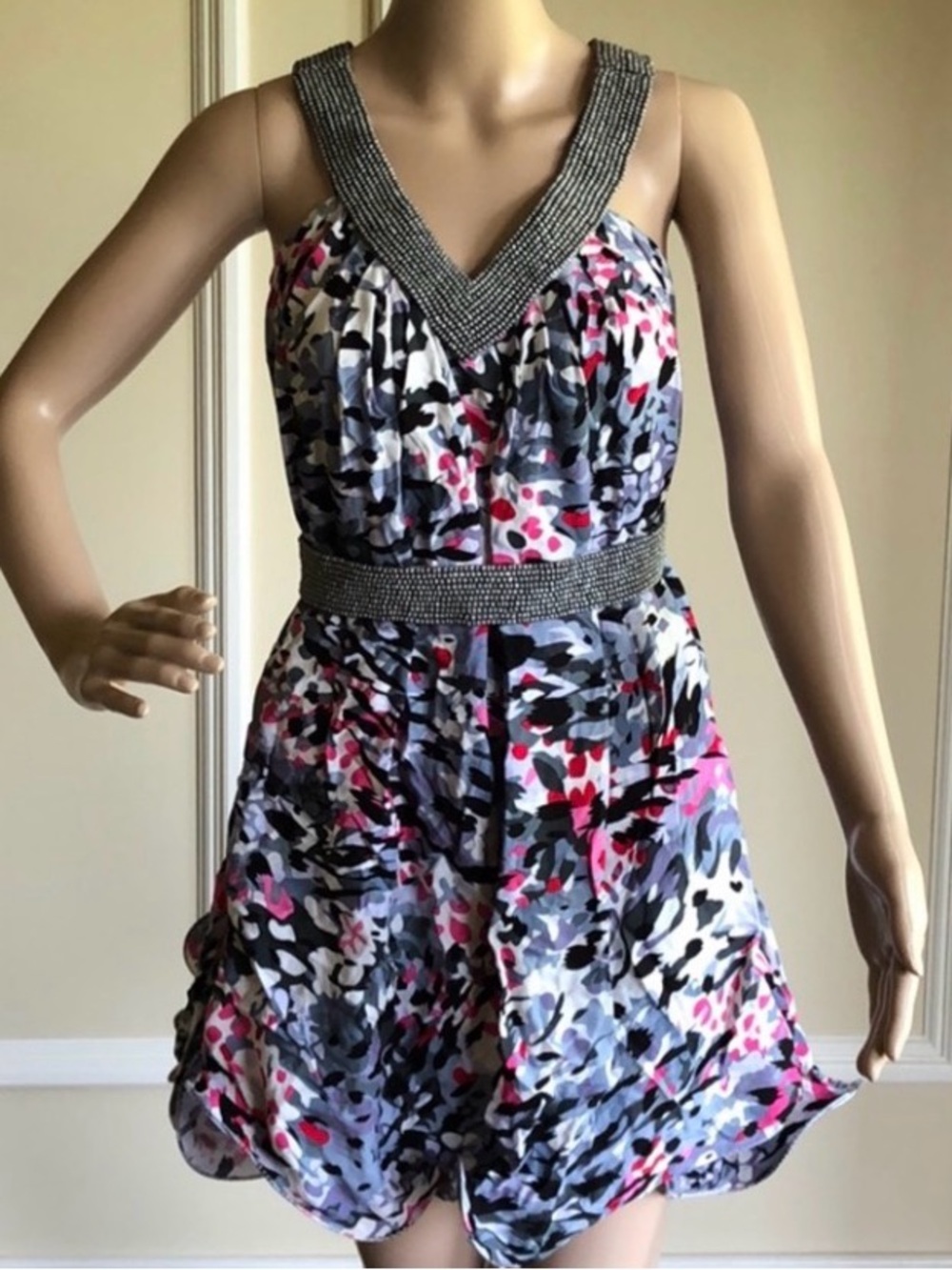 Atelier Azza Vintage Multicolor Mini Dress with Embellished Trim